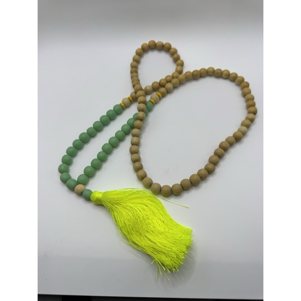 Natural Wood Silk Tassel Necklace Beige Green 32" Boho Festival Vacation